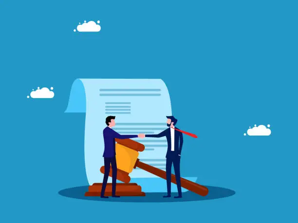 Vector illustration of Negotiate trade laws. Two businessmen shaking hands negotiating legal documents and judgment hammer symbol