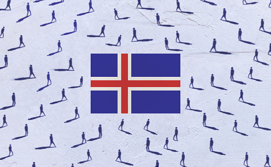 People gathered around the Icelandic Flag.