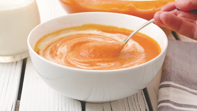 Roasted butternut squash soup. To serve soup in bowls add bacon and cream
