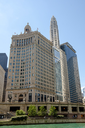 Skyscraper hotels along East Wacker Drive and fronting the Chicago River in Chicago, Illnois, USA. Left to right - 360 N Michigan Ave is the London Guarantee Building now the LondonHouse Chicago Hotel and the steel and glass addition, 75 East Wacker Drive the Mather Tower housing the River Hotel, and 71 East Wacker Drive formerly the Wyndham Grand Chicago Riverfront hotel.
