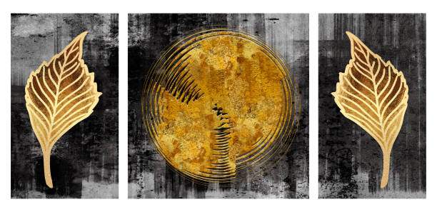 istock 3d abstract marble drawing wallpaper for canvas wall artwork decor. Golden random circles and leaves on black Nordic background 1762632177