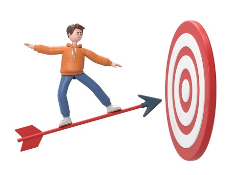 3D illustration of male guy Qadir standing on dart to achieve business goal, concept. Aim in business. Smart solution to achieve mission. Direction victory. Aiming to target.3D rendering on white background.