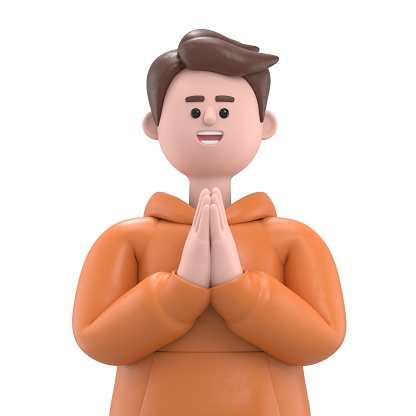 3D illustration of male guy Qadir  hold hands folded in prayer gesture, begging about something.3D rendering on white background.
