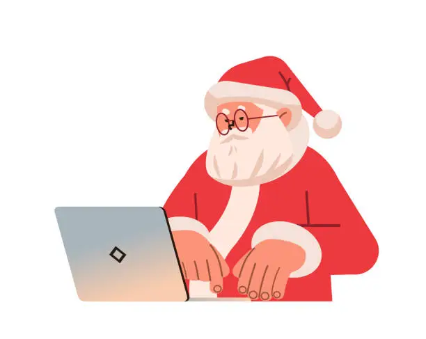 Vector illustration of santa claus in red costume typing on laptop happy new year merry christmas holidays celebration concept isolated horizontal