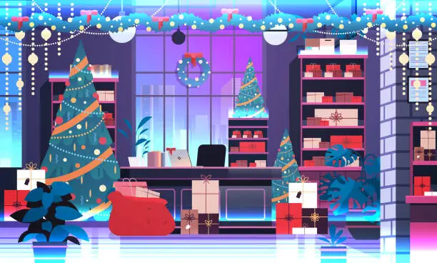 Vector illustration of christmas tree and gifts in decorated cabinet new year holiday celebration concept office interior horizontal