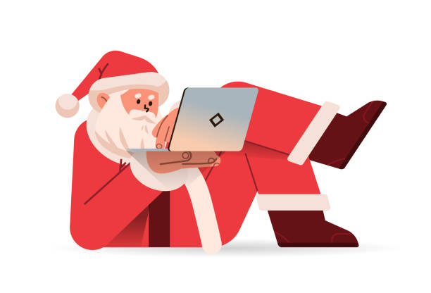 ilustrações de stock, clip art, desenhos animados e ícones de santa claus in red costume lying on his back and typing on laptop happy new year merry christmas holidays celebration concept - santas sack