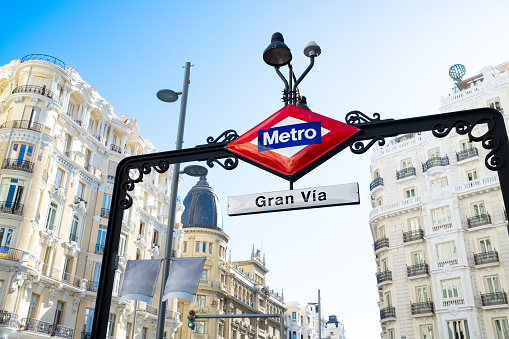 Gran Via metro station sign in Madrid city center