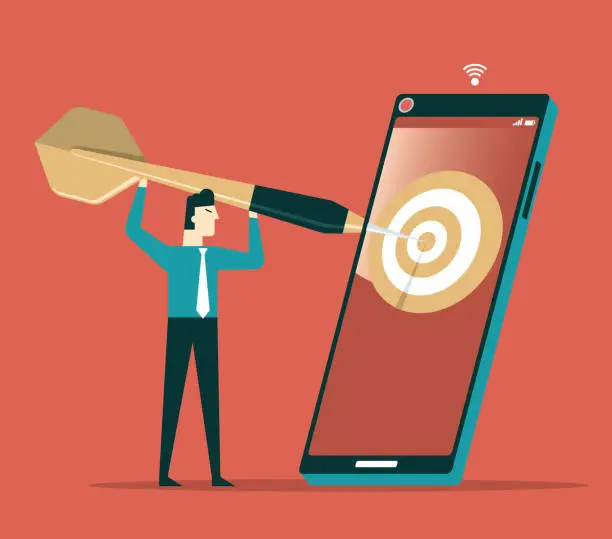 Vector illustration of Hitting the target - Businessman - smart phone