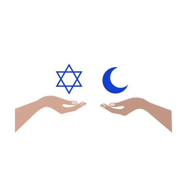 Vector illustration of star of David, Moon and star. Palestine and Israel as metaphor of peace and peaceful coexistence.  Stop war concept. Vector illustration isolated on white background.