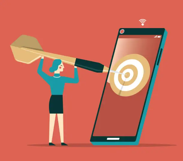 Vector illustration of Hitting the target - Businesswoman - smart phone