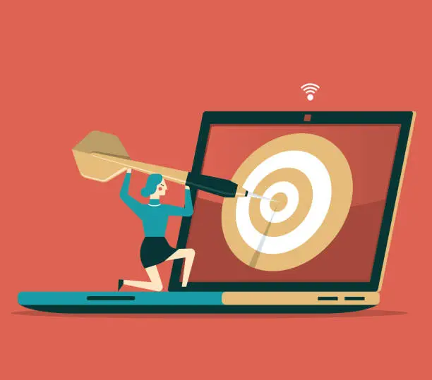 Vector illustration of Hitting the target - Businesswoman - Laptop