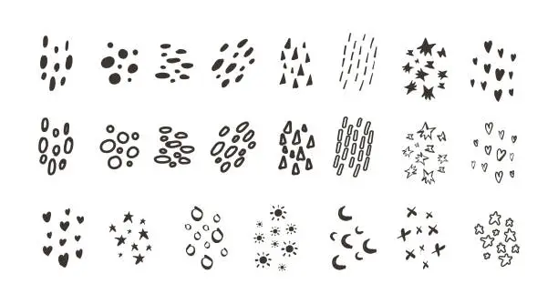 Vector illustration of dots, hearts, lines, snowflakes, triangles, star, love, moon textures doodle hand draw set. isolated Abstract organic minimal trendy style shape for pattern, Invitations, Social Media Posts