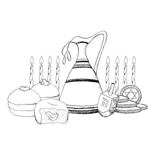 Vector illustration of Vector Hanukkah miracle horizontal banner black and white illustration with jug of olive oil, candles, dreidel, traditional sufganiyot donuts and gold coins