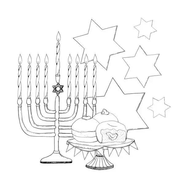 Vector illustration of Vector hand drawn Hanukkah symbols with menorah, candles, stars of David and donuts black and white ink illustration