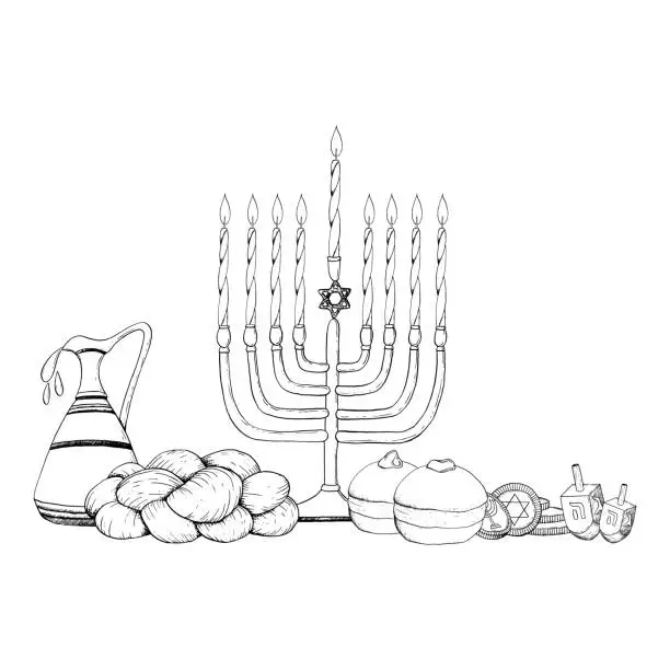 Vector illustration of Vector Jewish Hanukkah symbols black and white graphic illustration with menorah, candles, donuts, jug of olive oil, coins, dreidels and challah