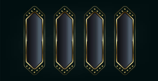 istock 5 buttons for art deco styles isolated on black background. Realistic vector illustration of bronze, golden, silver metal luxury ui concepts buttons template design 1762774354