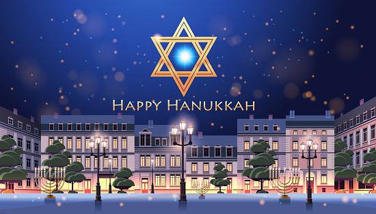 night city street with buildings light lamps and green trees happy hanukkah judaism religious holidays hebrew celebration greeting card star of david symbol cityscape horizontal vector illustration