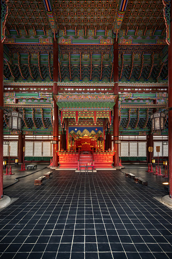 Seoul, South Korea: June 17, 2023: Hall of the ancient Throne of the historical King of Korea, interior view inside Gyeongbokgung Palace, a famous landmark when visiting South Korea