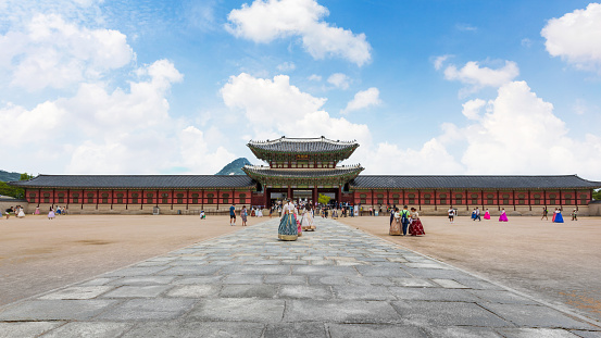 Seoul, South Korea: July 2, 2023: Gyeongbokgung Palace is a famous historical landmark, The Visitors can visit for free if they wear Korean national costumes or hanbok.