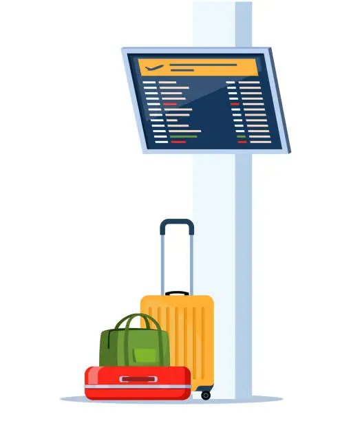 Vector illustration of Departure lounge with baggage and information panel, element of airport lounge interior. Terminal waiting room. Vector illustration.