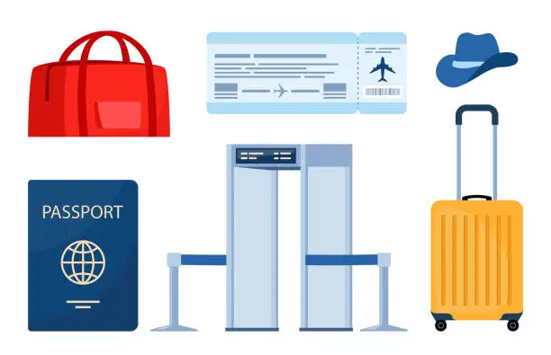 Vector illustration of Airport terminal design elements. Traveling by plane, set of objects. Baggage, metal detector, air ticket, passport, information panel, lounge seats. Air travel concept. Tourism. Vector illustration.