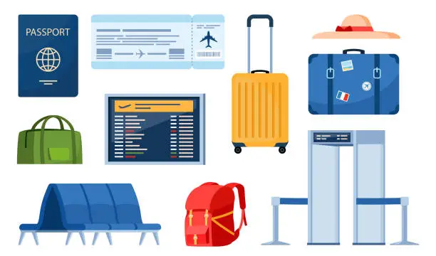 Vector illustration of Airport terminal design elements. Traveling by plane, set of objects. Baggage, metal detector, air ticket, passport, information panel, lounge seats. Air travel concept. Tourism. Vector illustration.