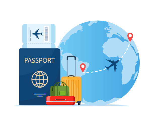 istock Passport with air ticket, baggage and planet earth. Time to travel concept. Traveling by plane. International flight. Vector illustration for poster, banner. 1762797724