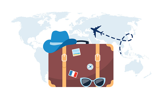 Retro suitcase, hat and sunglasses on world map background. Time to travel text. Travel concept for poster, banner. Vector illustration