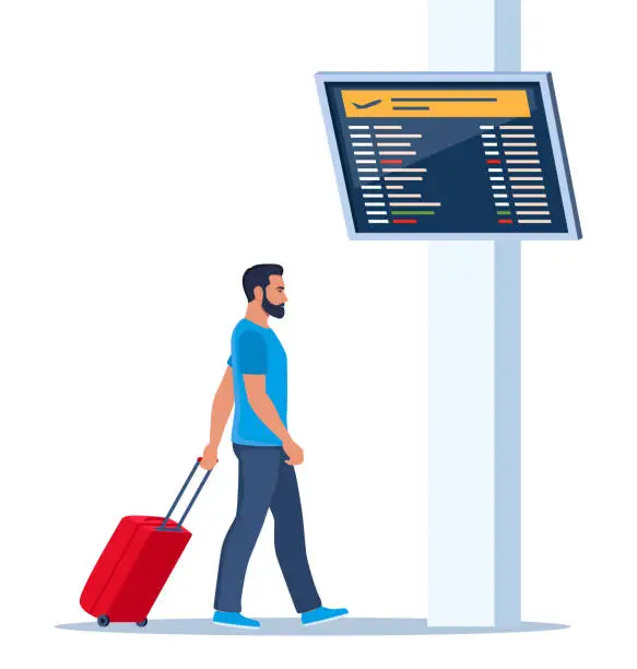 Vector illustration of Man with wheeled suitcase hurrying to flight at airport. Passenger in airport waiting room or departure lounge with information panel. Travel concept. Vector illustration.