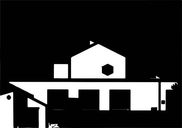 Vector illustration of black and white minimalism woodcut style Chinese traditional architecture background