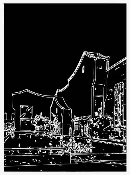 Vector illustration of abstract black and white outline woodcut modern Chinese architecture background
