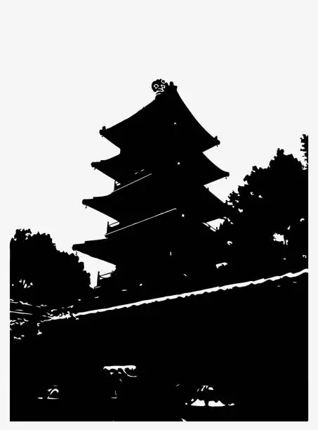 Vector illustration of black and white woodcut style Chinese old tower architecture background