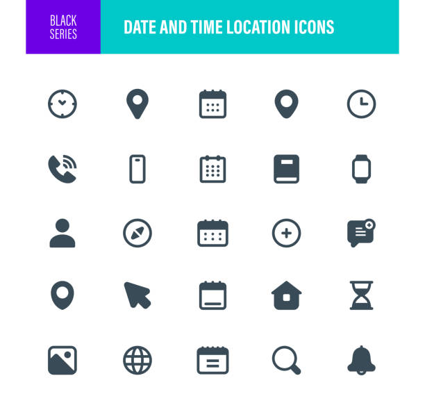 Date and Time Location Icon Set Date and Time Location Black Icon Set. Contains such icons as Calendar, Map Pin Icon, Time, Calendar Date, Map Pin, Clock, User Interface, Business Card business cards calendar stock illustrations