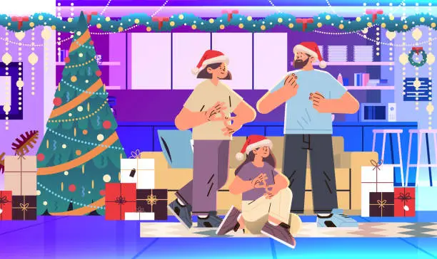 Vector illustration of people with hearing aid disabled deaf mute family in santa claus hats communicate using sign language hearing disability merry christmas holidays celebration