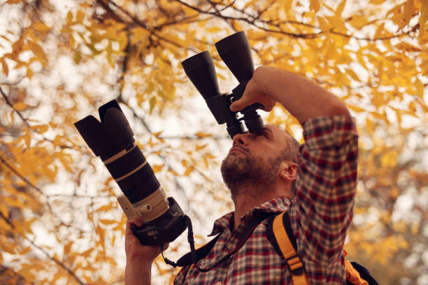 istock Man using binoculars and camera for bird and animal watching in nature. 1762848688
