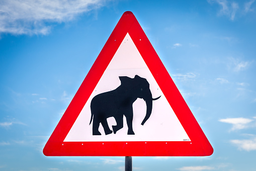 Elephants crossing road warning sign, Damaraland, Namibia.  Horizontal.