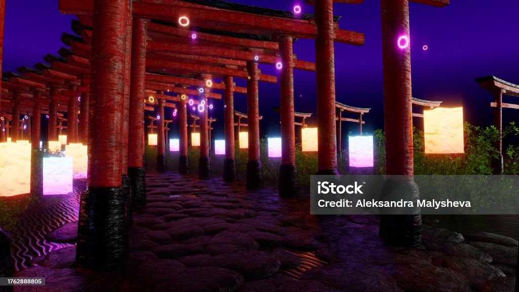Red Loop Gates Neonlit Red Torii Gates At Night Glowing Lanterns 3d Loop Animation ...