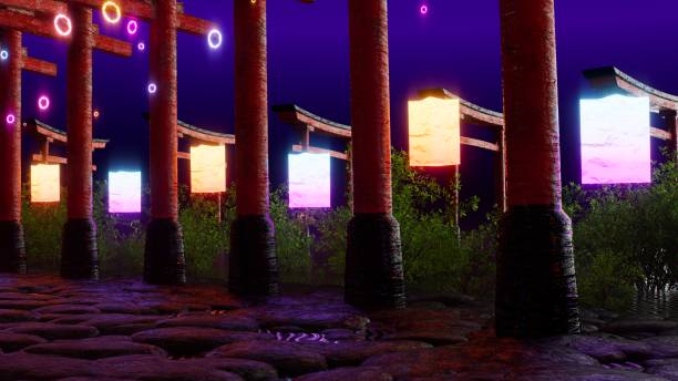 istock Mystical scene with neon glowing lanterns, red torii gates, stone path. 1762889352