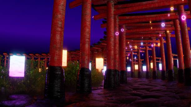 istock Neon torii gates at dusk, paper lanterns, magical ambiance. 3d loop animation 1762889364
