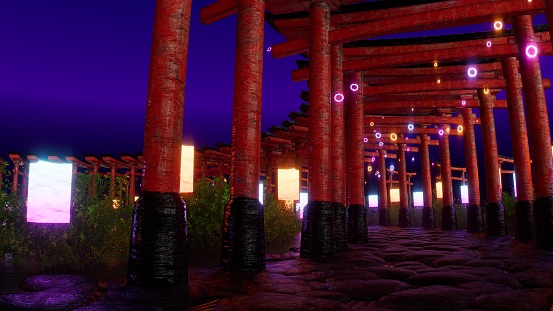 Neon lighted red torii gates at dusk, paper lanterns, magical ambiance. 3d loop animation