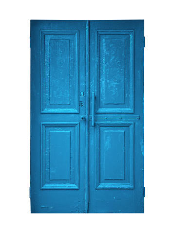 Old blue textured wooden doors is isolated on white background.