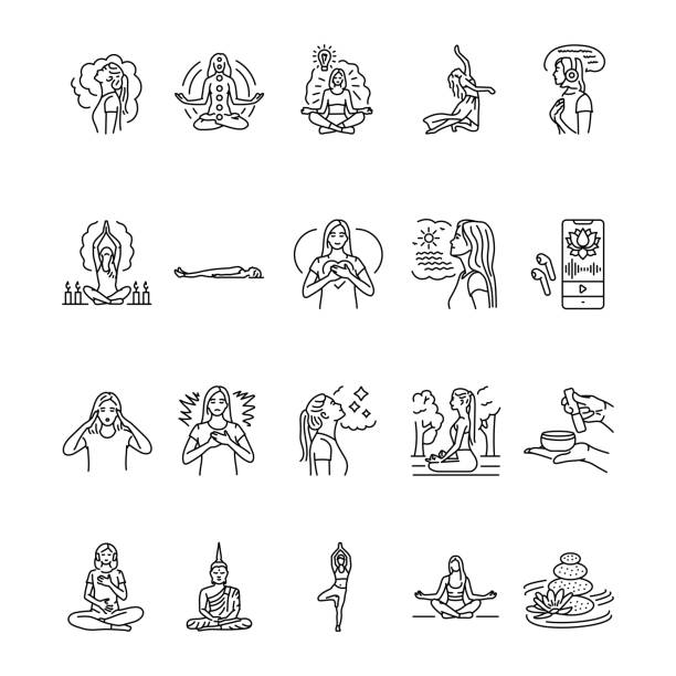 Meditation black line icons set. Pictograms for web page Meditation black line icons set. Pictograms for web page, mobile app, promo. breath vapor stock illustrations
