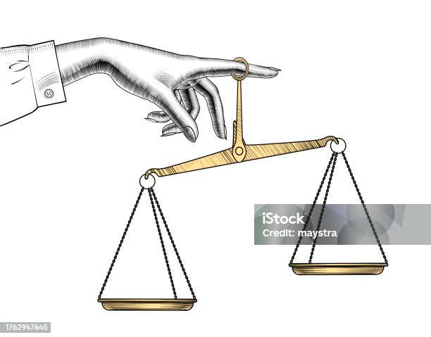 Vintage Drawing Of Hand With Old Weight Scales Stock Illustration
