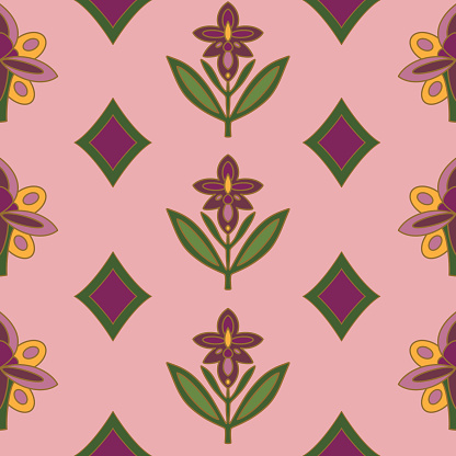 Geometrical iris flowers seamless pattern. Symmetrical floral allover print. Hand drawn purple flowers with leaves on pink background