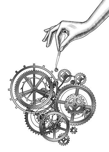A woman's hand with tweezers inserts gears into a clockwork. Vintage stylized drawing of a mechanism. Vector illustration