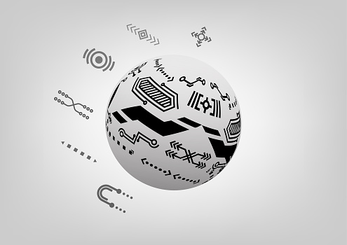 Abstract white gray sphere with technology ements on white gray background. Technology concept.