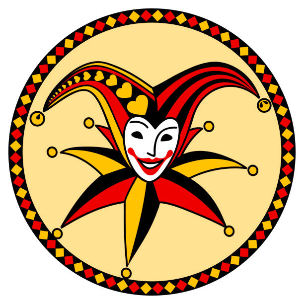 lächelnder kopf des jokers mit mütze und glöckchen in einem runden emblem. - jester joker clown silhouette stock-grafiken, -clipart, -cartoons und -symbole