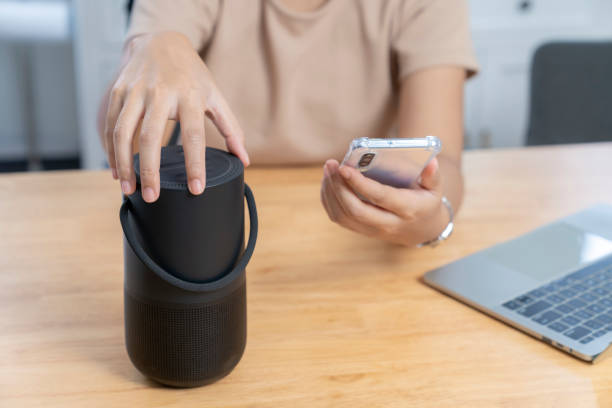 istock Modern Technology Concept. Young woman use portable speaker at home. 1762960482