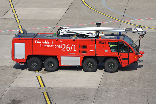 Düsseldorf, Germany - July 6, 2013: Rosenbauer Panther airport rescue and firefighting vehicle at Dusseldorf airport.