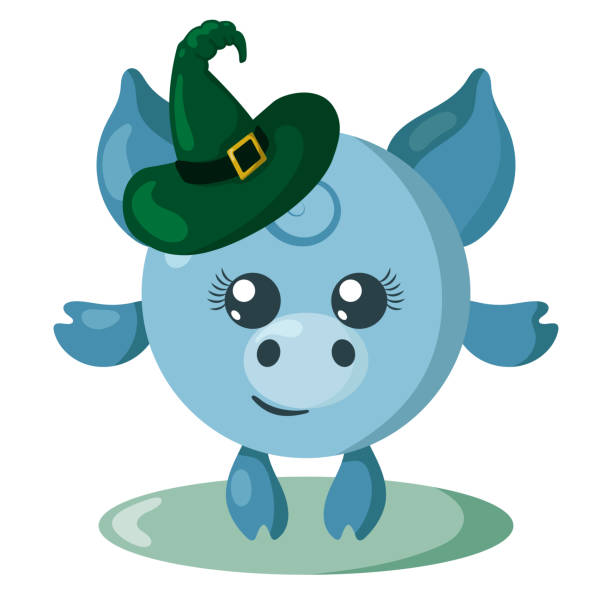 istock Funny cute kawaii Halloween pig with witch hat in flat design with shadows. 1762962717